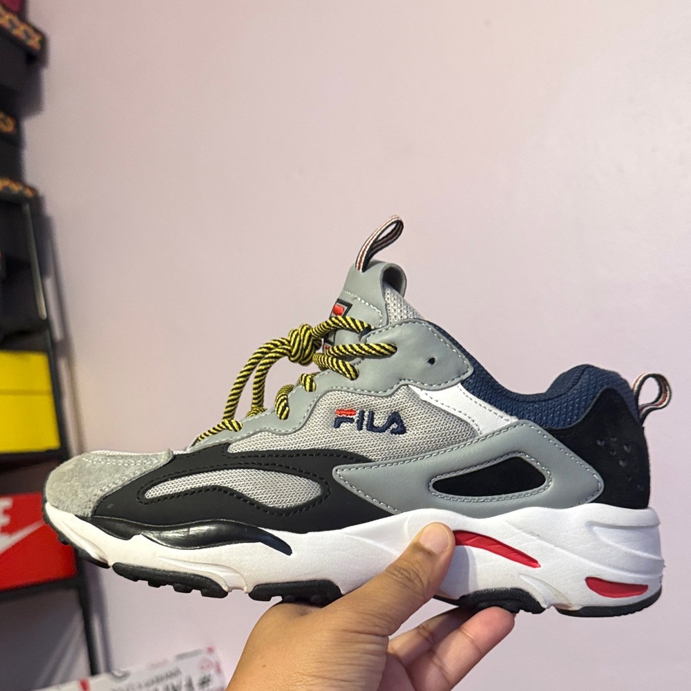 Fila Kids' Gray, Black, and White Sneakers with Yellow Laces